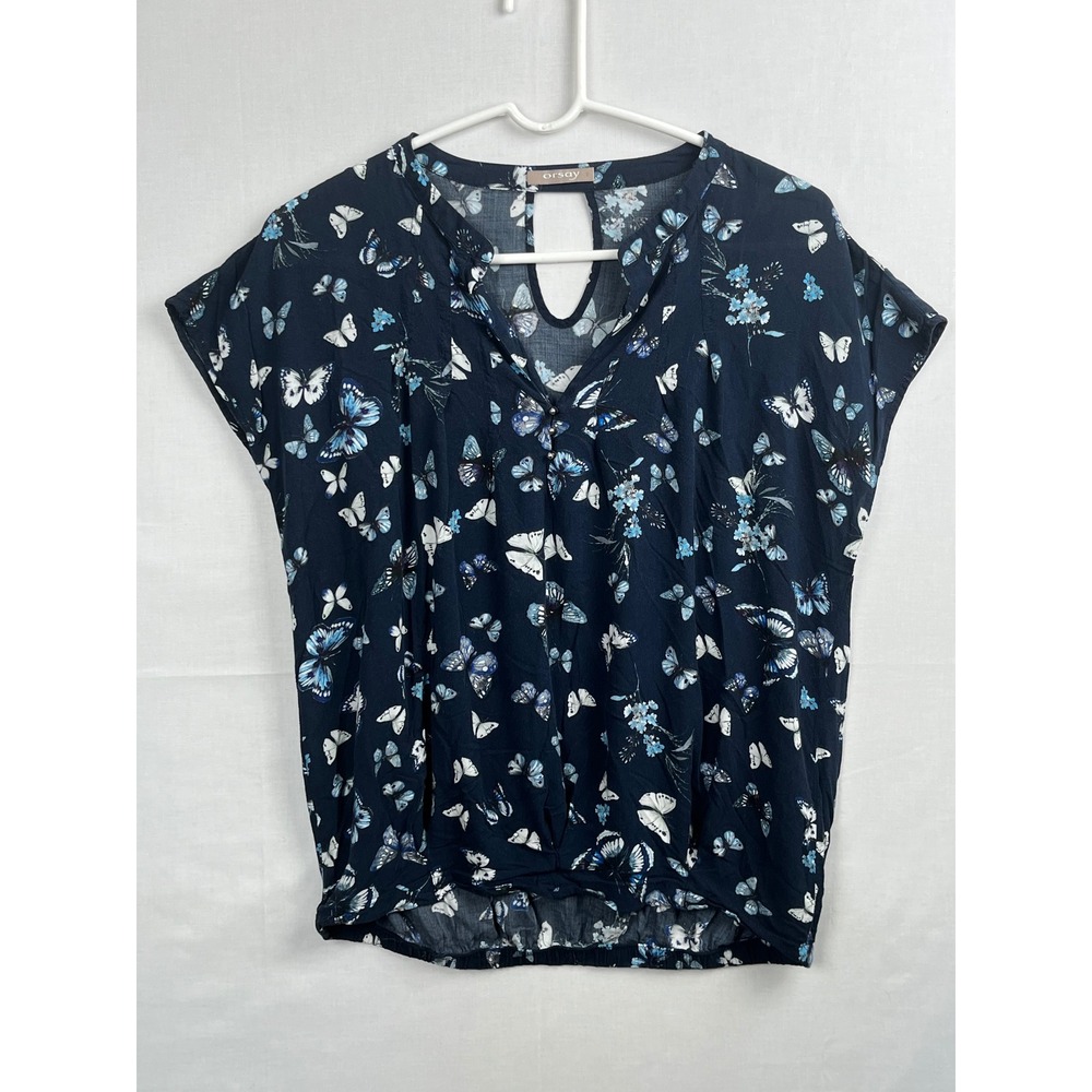 Orsay Butterfly Print Blouse Navy Blue V-Neck Keyhole Back Size 38 Short Sleeve